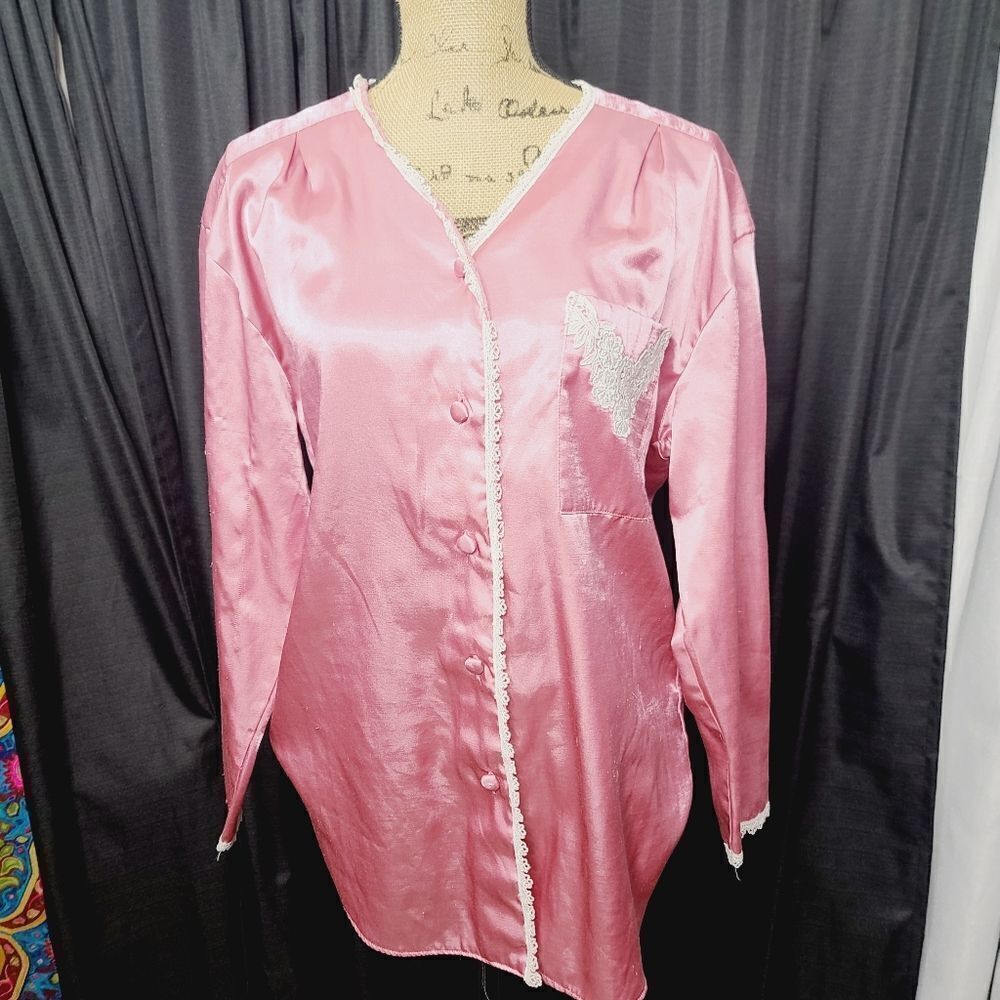 Vintage 90s Barbiecore Pink Lace Trim Sateen Pajama Top - Picture 13 of 16